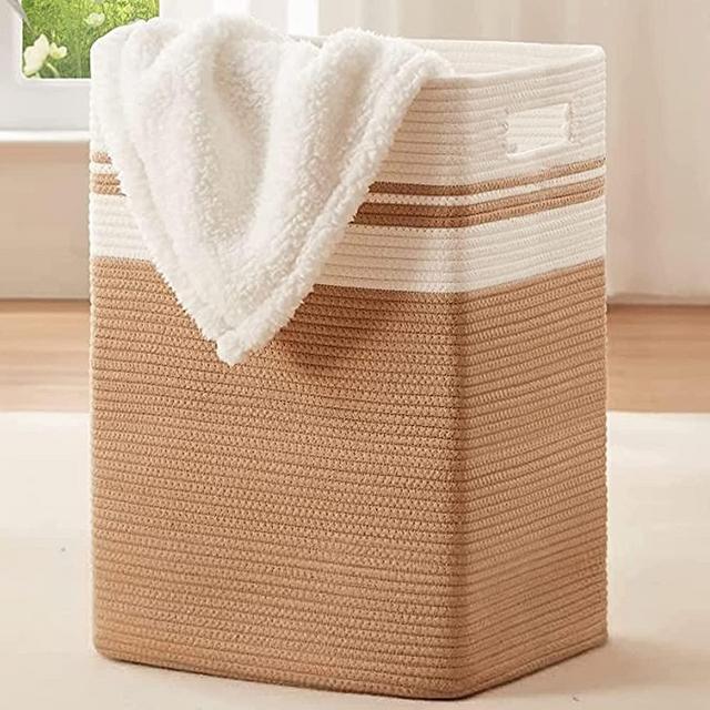 OIAHOMY Laundry Basket, Laundry Hamper,Tall Cotton Storage Basket with Handles,Decorative Blanket Basket for Living room,Collapsible Large Basket for Toys,Pillows,Clothes Organizer-16x13x22in-Yellow