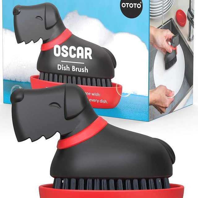 (New) OTOTO Oscar Dog Dish Brush - Dog Gifts, Daschund, Wiener Dog, Dish Scrub Brush, Dish Scrubber, Kitchen Vegetable Scrub Brush Palm Brush, White Elephant Gifts, Cute Kitchen Gadgets