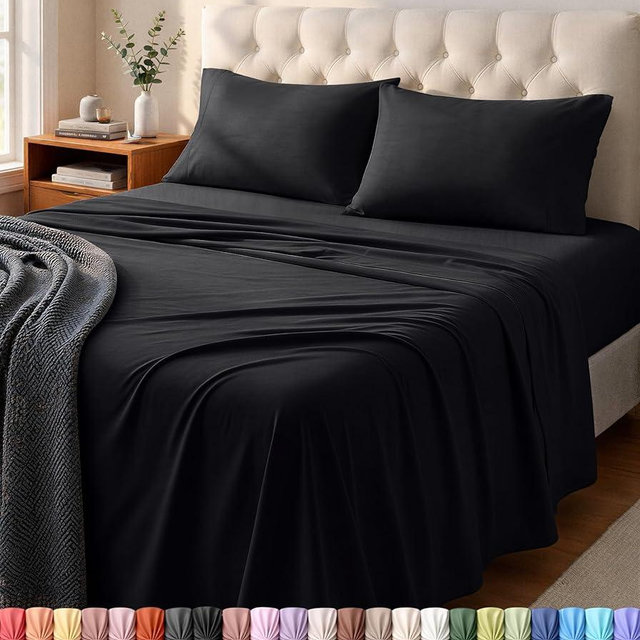 Utopia Bedding King Sheet Set - Jersey Knit Sheets 4 Piece – Cotton – Soft T-Shirt Stretchy Sheets (Black)