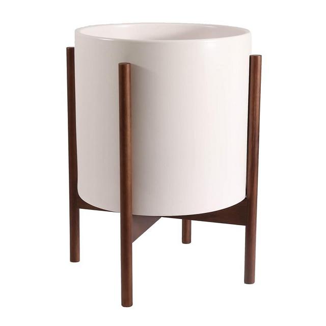 Modern Plant Stand with Pot - 12 inch Indoor Large Ceramic Planter for Plants, Flower, Small Tree with Drainage - Mid Century Wood Pots Holder - Walnut Wooden Legs - White
