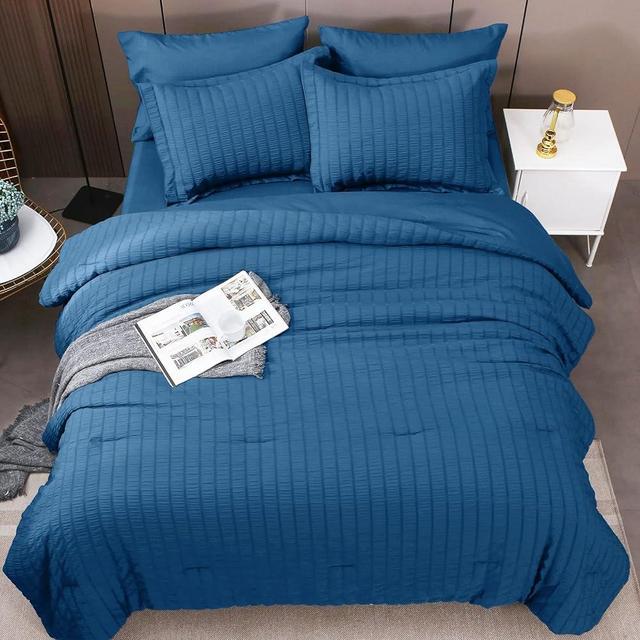 HYMOKEGE Teal Queen Comforter Set Seersucker 7 Pieces, All Season Luxury Bed in a Bag for Bedroom, Bedding Set with Comforters, Sheets, Pillowcases & Shams