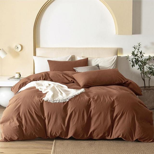 JIYUAN 100% Washed Cotton Duvet Cover Set 3 Pieces Cal King, 1 Duvet Cover 104x98 Inches(Comforter Not Included) and 2 Pillowcases,Linen Feel Bedding Set Comfy and Breathable,Burnt Orange