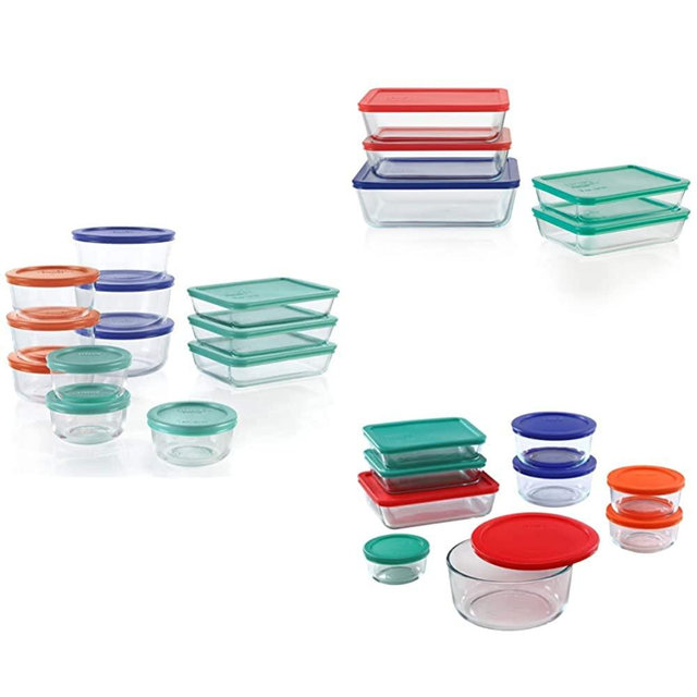 Pyrex Simply Store Meal Prep Glass Food Storage Containers, 24-Piece Set + Rectangular Glass Storage Container Set with Lids, 10 Piece Set + Simply Store 18 Piece Meal Prep Storage Containers Set