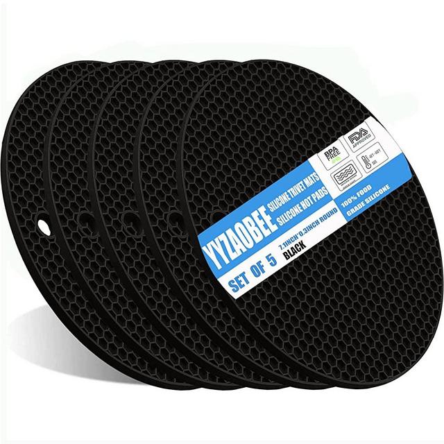 YYZAOBEE Silicone Trivet Mats Pot Holder, Trivets Hot Pads, Heat Resistant Silicone Pot Holder for Hot Dishes and Hot Pots, Jar Opener, Spoon Holder, Garlic Peeler 5Pcs Black