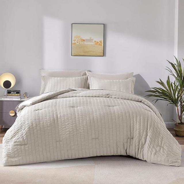 CozyLux Full Seersucker Comforter Set with Sheets Beige Bed in a Bag 7-Pieces All Season Bedding Sets with Comforter, Pillow Sham, Flat Sheet, Fitted Sheet, Pillowcase