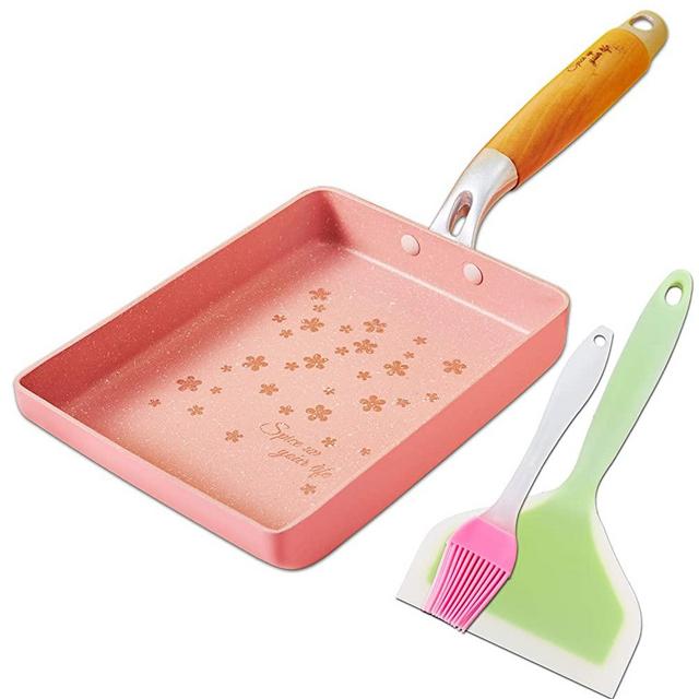 ROCKURWOK Japanese Omelette Pan Nonstick Tamagoyaki Egg Pan, Retangle Small Frying Pan, with Silicone Spatula & Brush, 7” x 5”, Pink