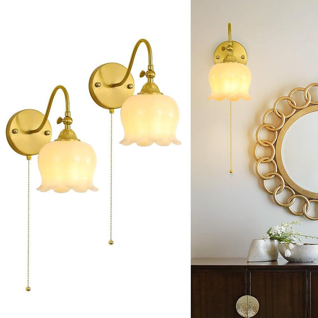 Yunnix Wall Sconces Set of Two Vintage Wall Sconces Flower Wall Lights Bow Sconces for Bathroom Sconces Bedroom Bedside Light Vanity Light Mirror Living Room White Pull Chain (Bulbs Not Included)