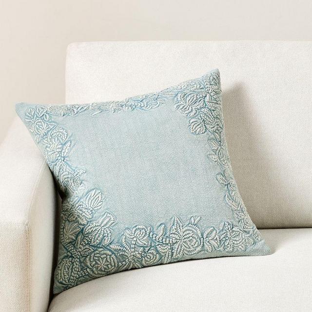 Raine Embroidered Pillow Cover, 18", Chambray