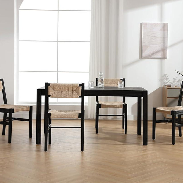 Coastal Dining Chairs Set of 4, Wood Rattan Dining Room Chairs with Wicker Seagrass Backrest and Seat, Boho Farmhouse Cane Chair, Black Legs