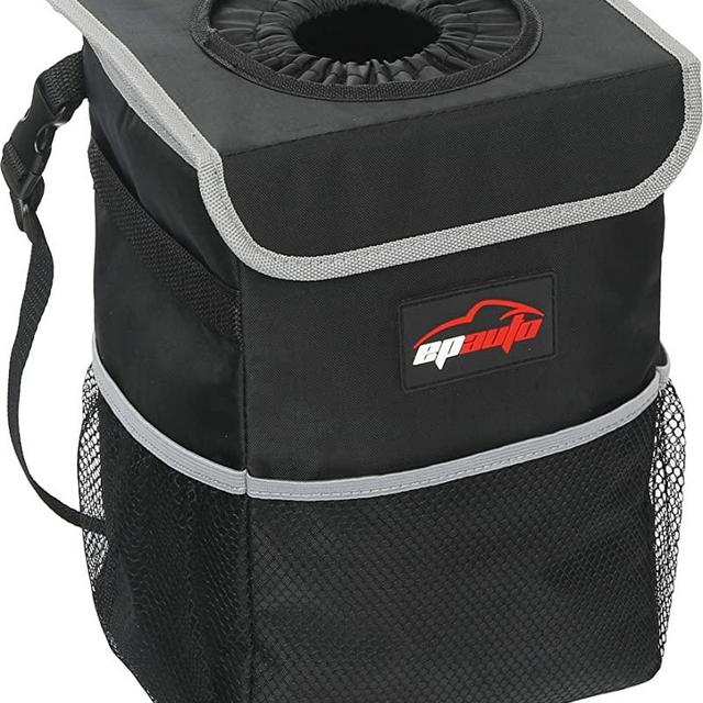 EPAuto Waterproof Car Trash Can with Lid and Storage Pockets, Black