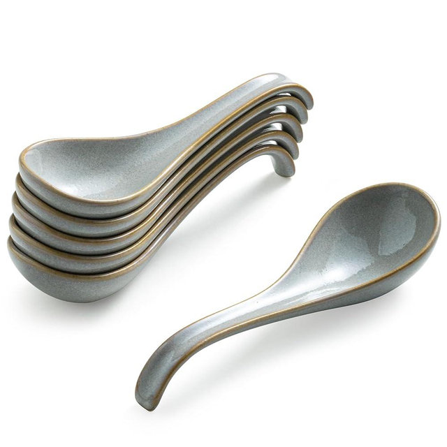 Gomakren Soup Spoons Set of 6, Asian Soup Spoons 6.5 Inch Ramen Spoons, Christmas Ceramic Chinese Spoon Set for Soup, Cereal, Pho, Noodles, Dumpling, Miso, Wonton, Dishwasher Safe, Gray