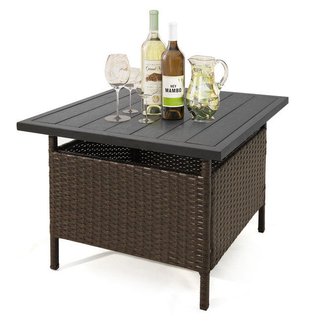 Costway Outdoor Wicker Table Rattan Coffee Table w/ Umbrella Insert Hole PE Tabletop & Sturdy Metal Frame