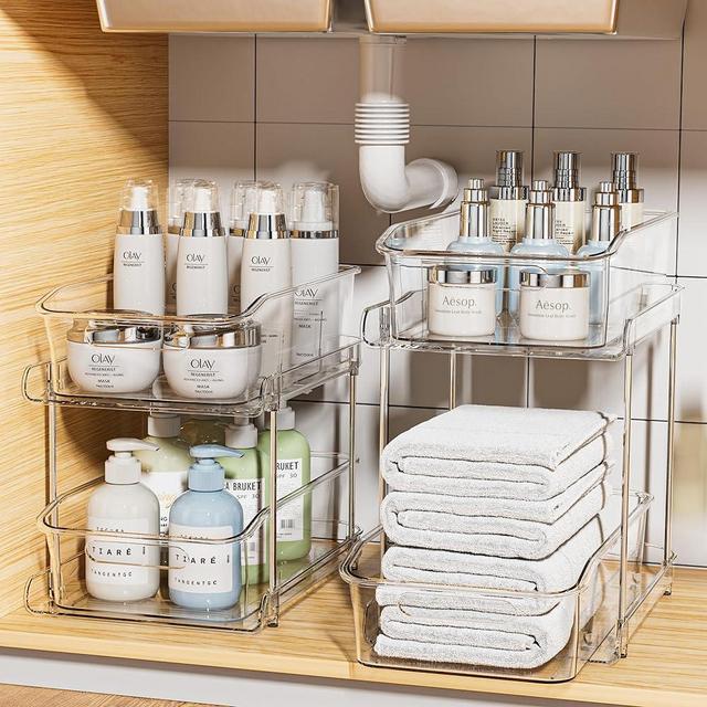 Delamu 2 Sets of 2-Tier Clear Under Sink Organizers and Storage, Multi-Purpose Stackable Bathroom Cabinet organizers, Pull Out Kitchen Pantry Organization and Storage with Dividers