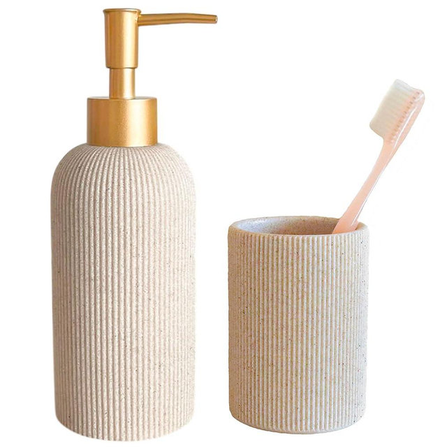 Boho Beige Bathroom Gold Bundle: Elegant 7oz Hand Soap Dispenser & Small Toothbrush Holder, Modern Farmhouse Style, Rust Proof, Unbreakable