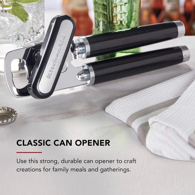 KitchenAid Classic Multifunction Can Opener and Bottle Opener Easy to Use, Razor Sharp Stainless Steel Cutting Wheel, Soft Ergonomic Handles, Black