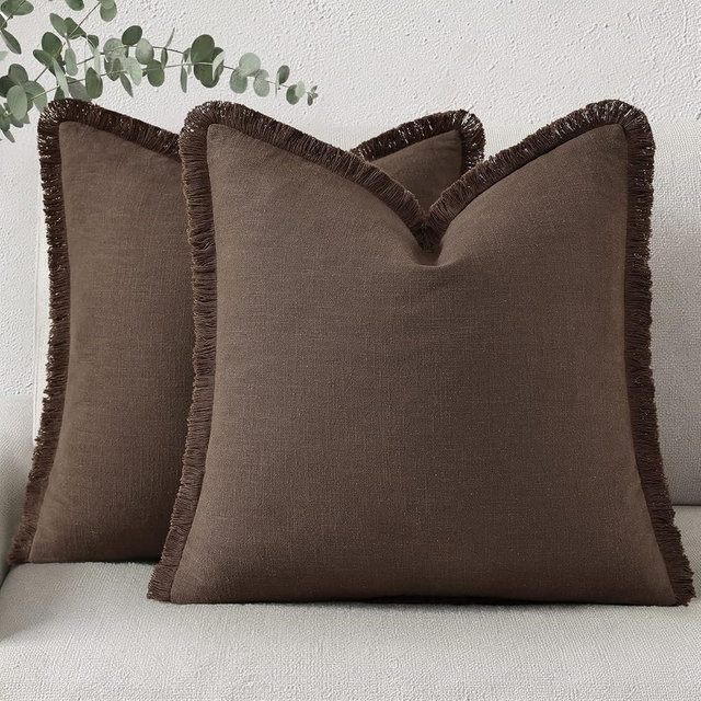 decorUhome Linen Fringe Euro Sham Throw Pillow Covers Set of 2 Decorative Chocolate Pillow Covers with Tassels Soft Accent Boho Farmhouse Pillow Cases for Couch Bed Sofa 22x22 Inch