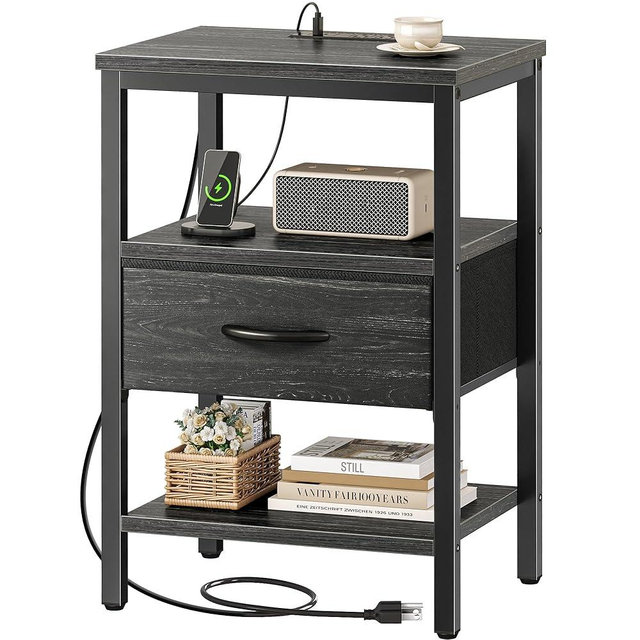 SUPERJARE Nightstand with Charging Station, Bed Side Table with Adjustable Fabric Drawer, Night Stand for Bedroom, 3-Tier Storage End Table, for Living Room, Charcoal Black Wood Grain Print