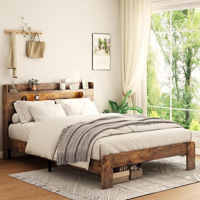 FSTAR Wooden Queen Size Bed Frame with Storage Headboard, Farmhouse Bedframe with Charging Station & Led Lights, Wood Slats Support, No Box Spring Needed, Rustic Brown