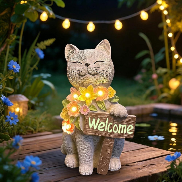 LEAESMHR Solar Cat Garden Statue for Outdoor Decor, Cat Solar Light with Flowers, Resin Welcome Cats for Garden, Yard, Lawn Decor, Cats Lover Gifts for Women