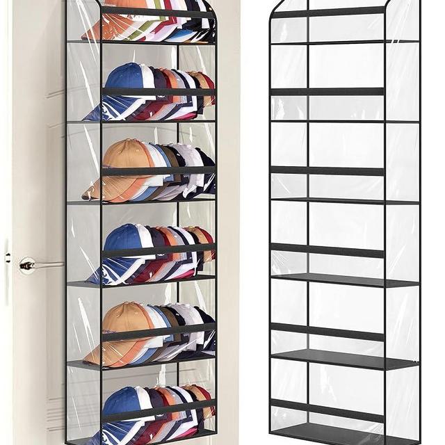 AOODA Clear Over the Door Hat Racks for Baseball Caps, Large Holds up to 72 Caps Hat Storage Organizer for Closet Wall, Deep Pockets Hanging Hat Holder with 3 Hooks, Black