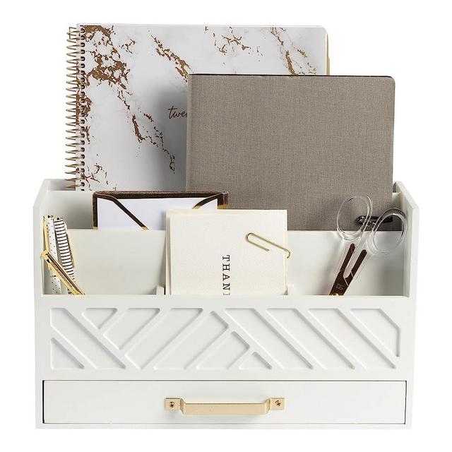 White Wooden Desk Organizer with Drawer and Gold Handle - Desk Organizers and Accessories for Office Organization and Storage - Home, Office and Classroom Desk Supplies and Organizers by Blu Monaco
