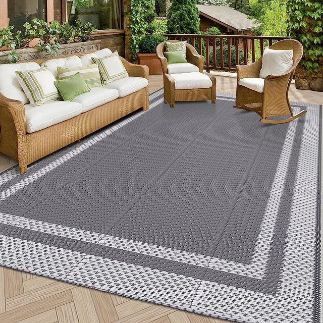 HappyTrends,Outdoor Rug,Patio Rug,Reversible Portable Outdoor Plastic Straw Rug,Camping Rugs for Outside RV,Large Waterproof Outdoor Area Rugs for Patio,Deck,Picnic,Porch,Balcony(5'x 8',White&Gray)