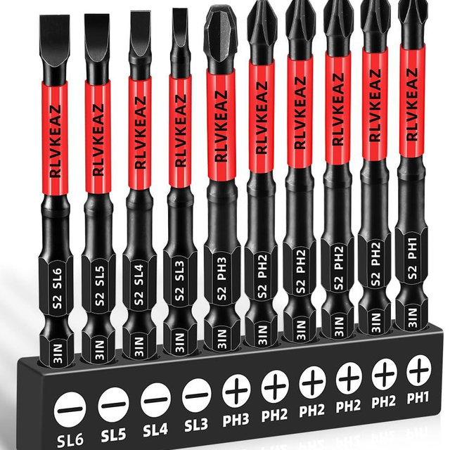 10-PCS 3" Long Magnetic Screwdriver Bits Set: Phillips Bits #1/#2/#3 & Slotted Head - S2 Alloy Steel, 1/4" Hex Shank for Impact Driver, Power Drill - Pro & DIY