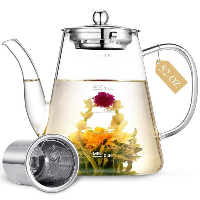 Zpose 1500ml Glass Teapot, Large Tea Pot with Infuser for Loose Tea and Blooming Tea, Stovetop Safe Tea Kettle, Hand Crafted Borosilicate Glass Tea Maker with Scale Line, Tea Gift Set for Tea Lovers