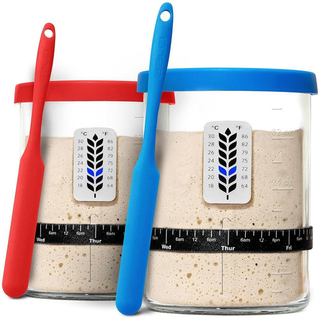Premium Sourdough Starter Jar - 40oz Large Sourdough Jar with Marked Feeding Band, Thermometer, Scraper, Cloth Cover and Silicone Lid/Base, Wide Mouth Starter Kit - Blue/Red