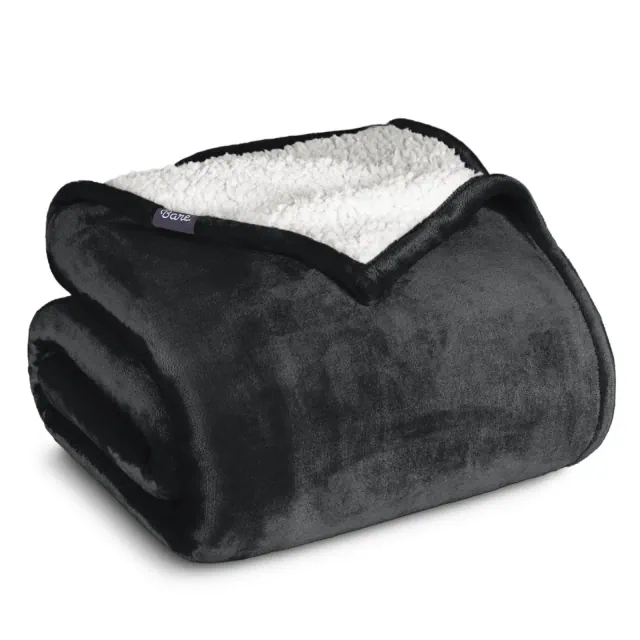 Black Full/Queen Faux Shearling Fleece Blanket by Bare Home