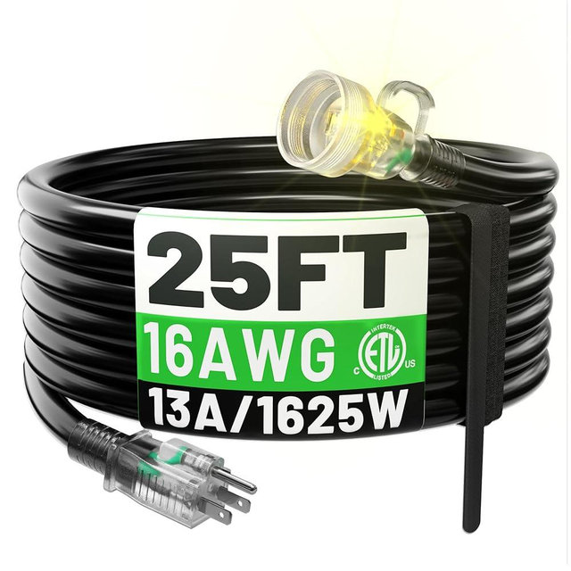 POWGRN 25FT 16 Gauge Black Outdoor Extension Cord Waterproof, 3 Prong Flexible Cold Weatherproof -58℉ Heavy Duty Extension Cord, 13 AMP 1625W SJTW, ETL Listed