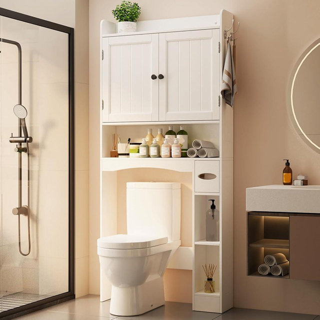 Ahomly Over The Toilet Storage Cabinet, Over Toilet Bathroom Organizer with Doors, Adjustable Shelves, Toilet Paper Holder, 2 Side Hooks, Space-Saver for Bathroom, Laundry, White