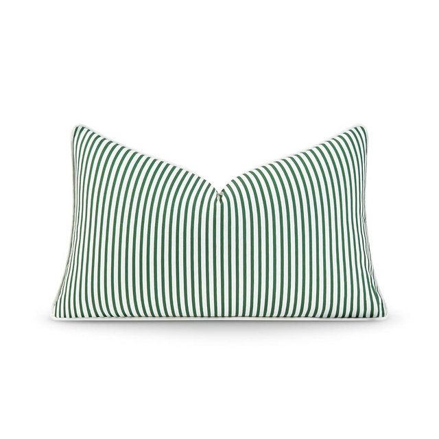 Hofdeco Premium Coastal Patio Indoor Outdoor Lumbar Pillow Cover Only, 12"x20" Water Resistant for Backyard, Couch, Green Stripe