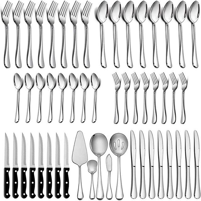 LIANYU 65-Piece Silverware Set with Steak Knives and Serving Utensils, Stainless Steel Flatware Cutlery Set Service for 10, Eating Utensil Set for Home Party Wedding, Dishwasher Safe, Mirror Finished