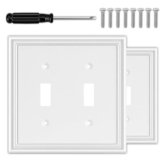 White Decorative Double Toggle Light Switch Covers Wall Plate, Natural Bamboo Fiber Material Switch Plate Covers - Modern Style (2 Gang Toggle 2 Pack)