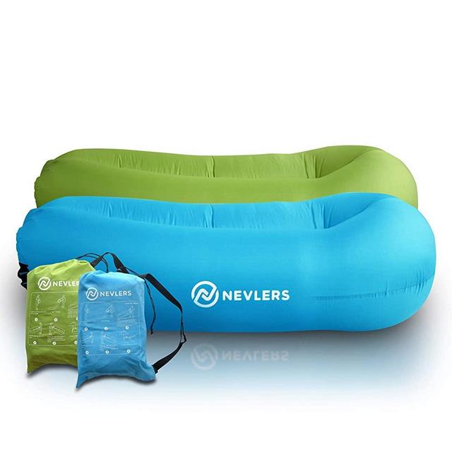 Nevlers 2 Pack Inflatable Loungers with Side Pockets and Matching Travel Bag - Blue & Green - Waterproof and Portable - Great and Easy to Take to The Beach, Park, Pool, and as Camping Accessories