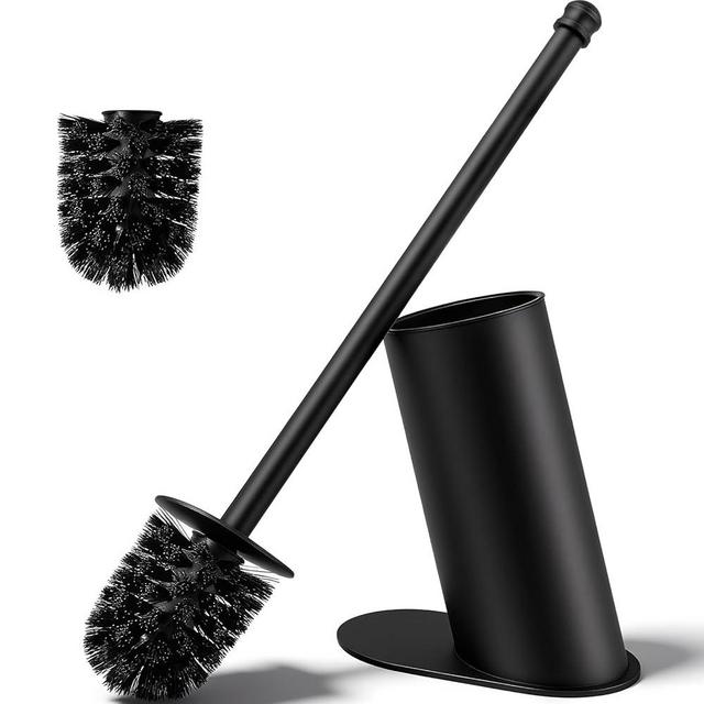 Toilet Brush and Holder Set, Stainless Steel Toilet Bowl Brush with 16.5" Long-Reach Handle, Tilted Canister with Concealed Brush Head & Anti-Splash Shield for Bathroom Cleaning, 1 Spare Head Included