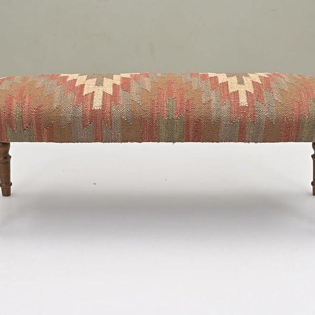 NATURAL FURNISH Acacia Wood Kilim Jute Fabric Upholstered Bench | Southwestern Pattern Wooden Ottoman with Turned KD Legs for Living Room, Bedroom, End of Bed, Hallway & Entryway (Pink and Gray)