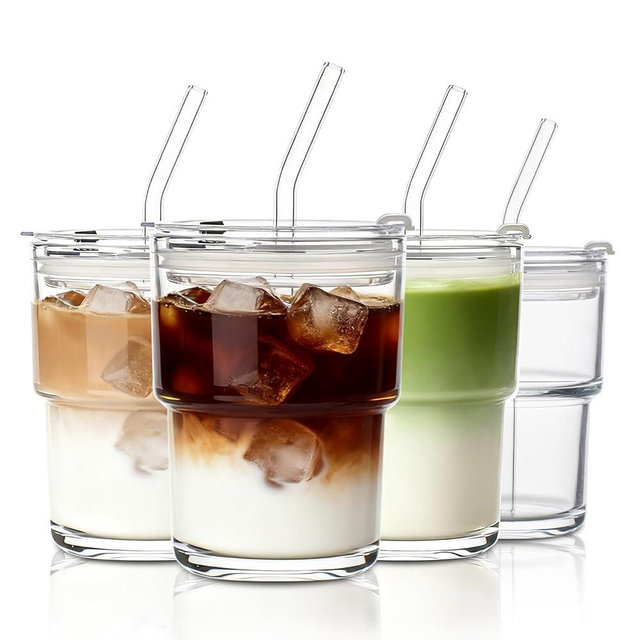 INSETLAN 13oz Portable Glass Tumblers Set of 4, Thick Wall Glass Cups with Lid and Glass Straw, On-the-Go Coffee Cups for Iced Coffee, Tea, Milk, Hot & Cold Drinks, Travel & Daily Use
