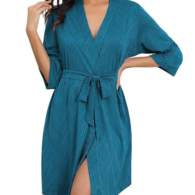 Ekouaer Robes for Women Ribbed Knit Bathrobe Soft Knee Length Kimono Robe 3/4 Sleeve Sleepwear with Pockets S-XXL