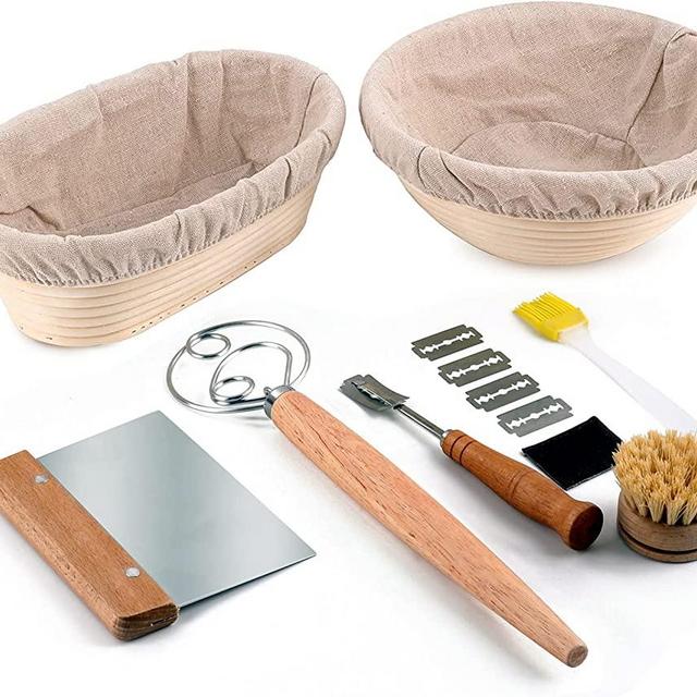 DOYOLLA Bread Proofing Baskets Set of 2, 10 inch Oval & 8.5 inch Round Dough Proofing Bowls w/Liners Perfect for Sourdough Bread Baking, Bakers Baking, Gifts for Bakers, Bread Making Kit
