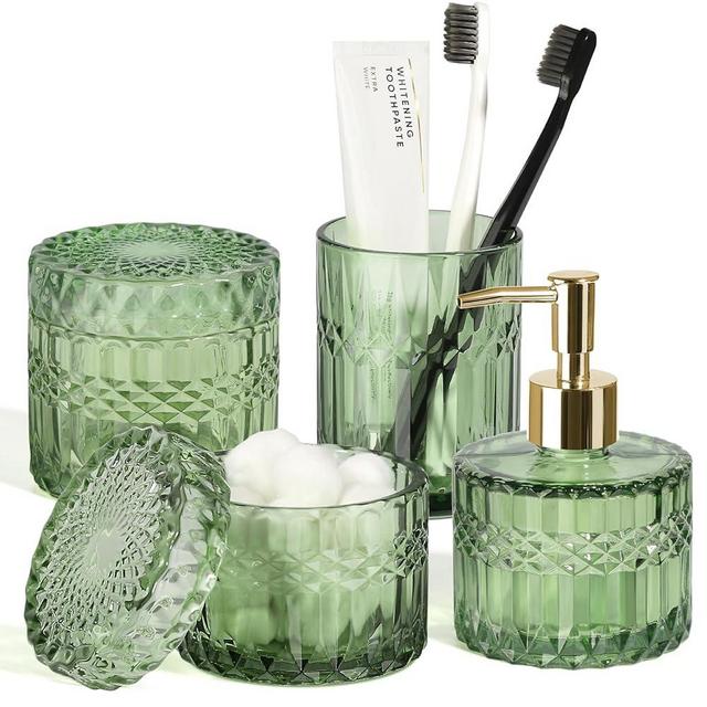 RACOBOT Green Bathroom Accessories 4Pcs,Green Bathroom Decor, Diamond Glass Soap Dispenser and Toothbrush Holder Set, Qtip Holder, Bathroom Accessories Set for Bathroom, Countertop