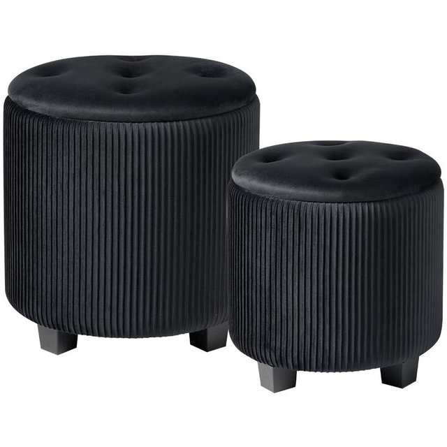 BLEXA Big Round Ottoman with Storage Set of 2-Upholstered Velvet Vanity Stool for Makeup Multifunctional Foot Rest Coffee Table Padded Seat Tufted Ottomans for Living Room&Bedroom (Big Black)