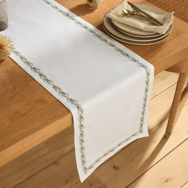 Juniper Embroidered Table Linens Runner, Snow White