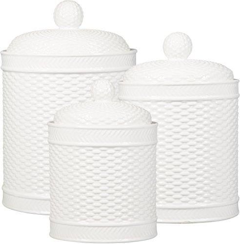 Home Essentials Set Of 3 White Round Basket Weave Embossed Canisters