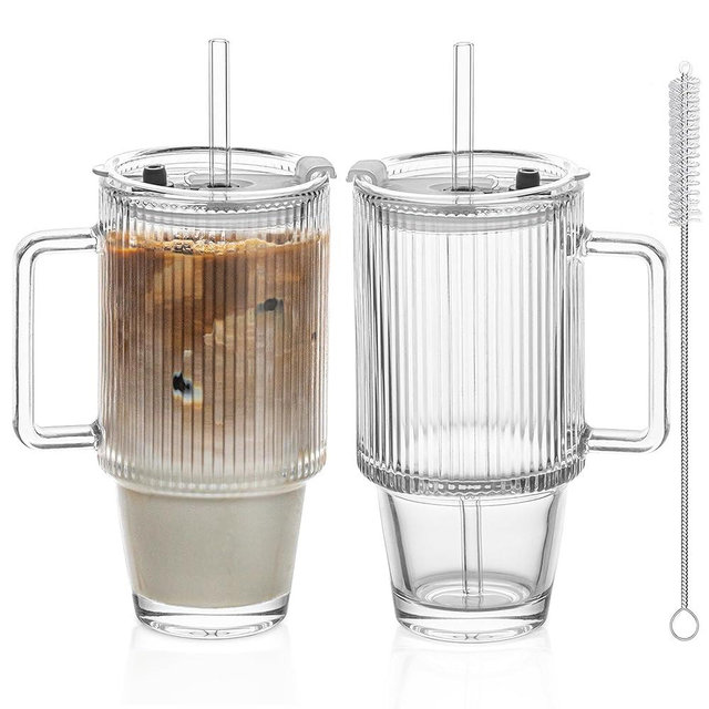 KEMORELA 2-Pack 24 Oz Ribbed Glass Tumblers with Lids and Straws, Handle Iced Coffee Cups, Clear Reusable Drinkware for Smoothies, Cold Beverages - Dishwasher Safe