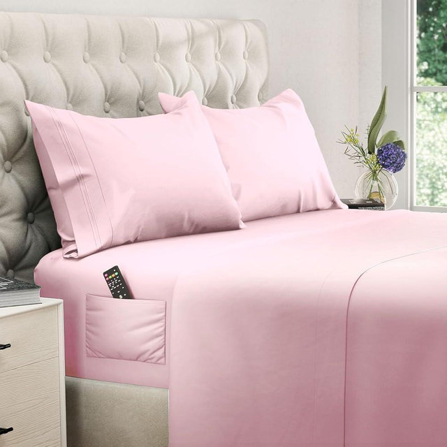 DREAMCARE Queen Sheet Set – 4 pcs Cooling Sheets – up to 21” Deep Pocket Queen Sheets – Hotel Luxury Sheets & Pillowcases – Superior Softness 100% Fine Microfiber with Side Pocket, Pink