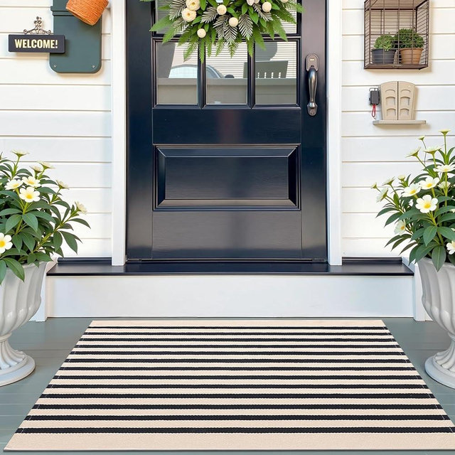 OLANLY Beige and Black Striped Rug 2'4" x 3'7" (27.5" x 43") – Washable Cotton Doormat for Indoor Outdoor Use, Layered Front Porch Rug for Entryway, Kitchen, Patio