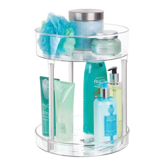 mDesign Spinning Metal and Plastic Makeup Organizer Rotating Lazy Susan 2-Level Turntable Storage Bin - Carousel Organizer for Bathroom Vanity Countertops, Cabinets - 11" Round - Clear/Silver