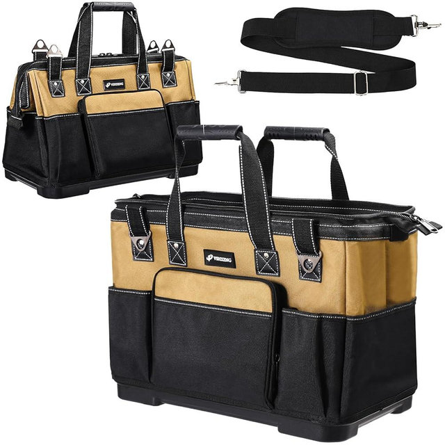 VSHXENG 20 IN Large Tool Bag For Men Heavy Duty, Drill Bag Tool Bag Organizer, Wide Mouth Waterproof Hard Bottom Multiple Pockets Tool Tote, Tool Caddy, Maintenance
